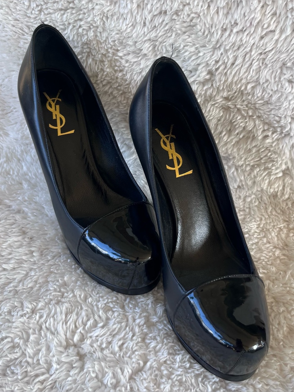 Saint Laurent Black Leather Pumps with Patent Cap Toe Sz 35